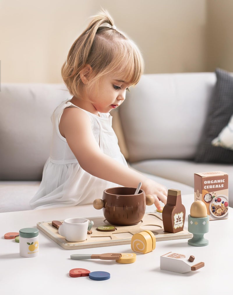 ROBUD 31-Piece Wooden Play Food Set for Kids - Coconut Oats Montessori Kitchen Toys, Educational Pretend Play Dishes with Accessories for Toddlers - Image 3